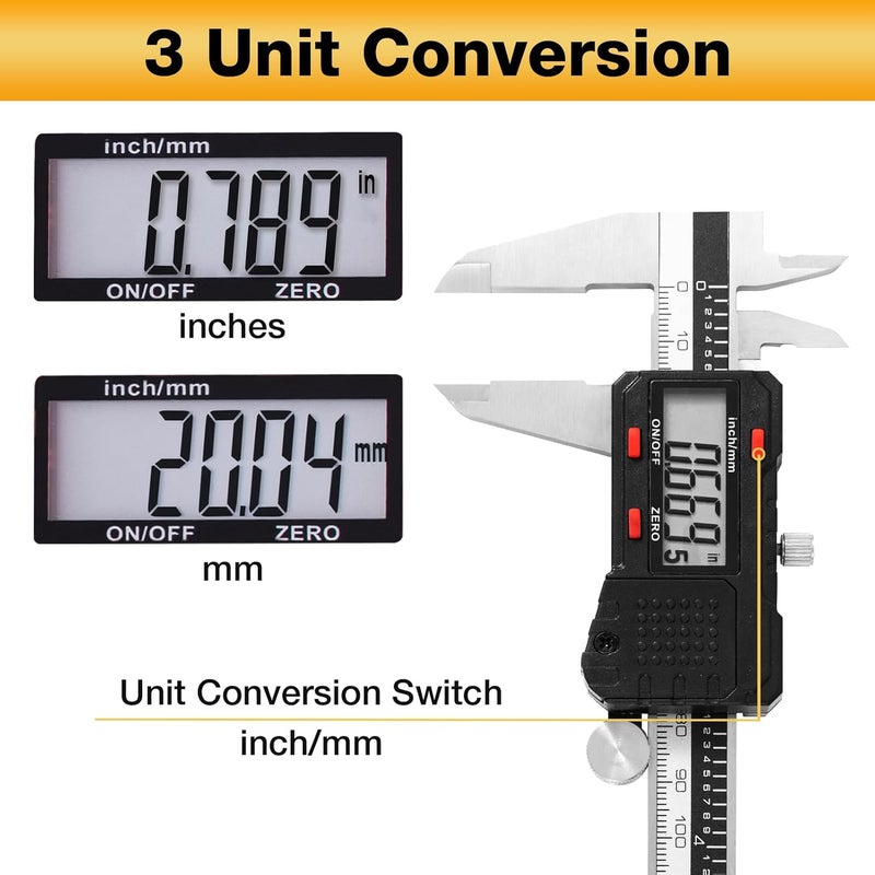 UNIPEC Digital Caliper 6 inch, Stainless Steel Vernier Micrometer Measuring Tool with Large LCD Display, Easy Inch/Metric Conversion, Precision Gauge for Machinists, Woodworking & DIY - Image 3